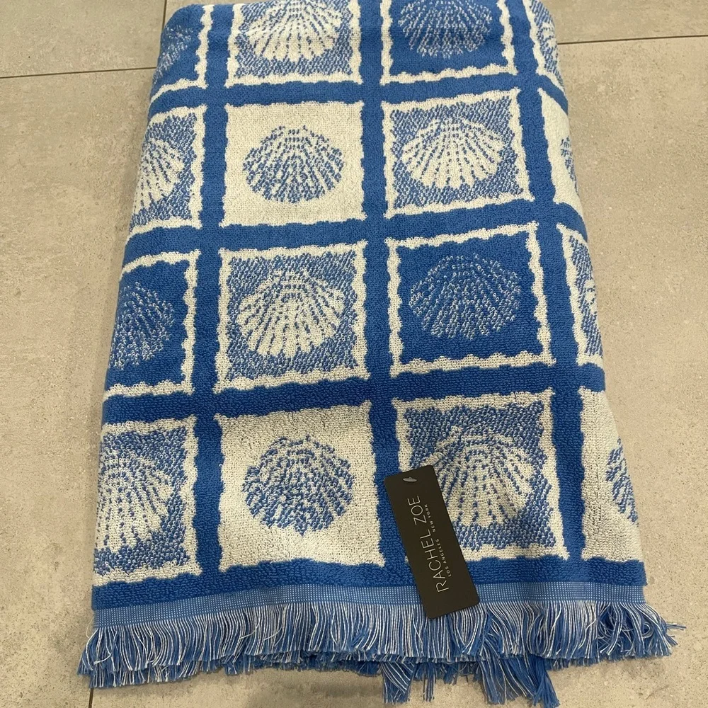 Rachel Zoe Blue and White Seashell Grid Beach Towel with Fringe